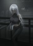  1girl absurdres ak-15_(girls_frontline) arms_under_breasts bangs bare_shoulders black_gloves black_pants black_shirt blurry blurry_background breasts chihuri commentary crossed_arms depth_of_field elbow_gloves eyebrows_visible_through_hair feet_out_of_frame girls_frontline gloves grey_eyes grey_hair hair_over_one_eye highres indoors large_breasts long_hair midriff navel pants railing shirt sleeveless sleeveless_shirt solo very_long_hair 