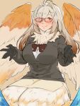  1girl ahoge animal_hand beige_skirt blush bow breasts brown_background brown_bow brown_feathers brown_hair commentary_request eyebrows_visible_through_hair feathered_wings feathers glasses gradient_hair hair_intakes harpy highres large_breasts long_hair monster_girl multicolored_hair neck_ruff one_eye_covered pmlial red-framed_eyewear side_slit simple_background skirt smile solo tokyo_houkago_summoners twitter_username white_feathers white_hair wings yellow_eyes ziz_(tokyo_houkago_summoners) 
