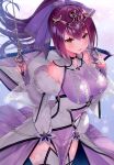  1girl absurdres breasts dress fate/grand_order fate_(series) fur-trimmed_dress fur_trim hair_between_eyes headpiece hidden_mouth highres holding holding_wand looking_at_viewer medium_breasts purple_dress purple_hair purple_ribbon red_eyes ribbon scathach_(fate)_(all) scathach_skadi_(fate) solo suzuho_hotaru tiara wand 