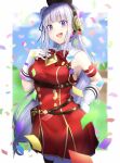  1girl :d absurdres armband armpits bangs belt_pouch blunt_bangs blurry blurry_background blush border bow bowtie breasts confetti cosplay cowboy_shot crossover dress emilia_(re:zero) eyebrows_visible_through_hair flower gloves gold_ship_(umamusume) gold_ship_(umamusume)_(cosplay) hair_flower hair_ornament hand_on_hip hand_on_own_chest highres huge_filesize long_hair looking_at_viewer low-tied_long_hair m.tokotsu medium_breasts open_mouth pillbox_hat pouch re:zero_kara_hajimeru_isekai_seikatsu red_dress red_neckwear sidelocks silver_hair sleeveless sleeveless_dress smile solo standing umamusume underbust upper_teeth very_long_hair violet_eyes white_border white_gloves white_legwear 