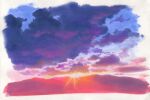  border clouds cloudy_sky highres light_rays no_humans original purple_sky sawitou_mizuki scenery sky sun sunrise traditional_media white_border 