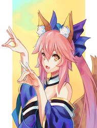  1girl animal_ear_fluff animal_ears bare_shoulders blue_kimono blue_ribbon breasts detached_sleeves double_fox_shadow_puppet fang fate/extella fate/extra fate/extra_ccc fate/grand_order fate_(series) fox_ears fox_girl fox_shadow_puppet fox_tail hair_ribbon highres japanese_clothes kimono large_breasts looking_at_viewer looking_to_the_side open_mouth pink_hair ribbon skin_fang solo tail tamamo_(fate)_(all) tamamo_no_mae_(fate) ugo_(artist) yellow_eyes 