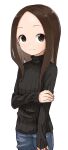  1girl bangs black_sweater blue_pants brown_eyes brown_hair closed_mouth forehead highres karakai_jouzu_no_takagi-san long_hair long_sleeves looking_at_viewer official_art pants parted_bangs ribbed_sweater simple_background sleeves_past_wrists smile solo sweater takagi-san turtleneck turtleneck_sweater white_background yamamoto_souichirou 