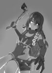  1girl absurdres asimo_(hakurei10201) axe bandana black_hair braid breasts fingerless_gloves girls_frontline gloves greyscale highres incoming_attack long_hair looking_at_viewer mac-10_(girls_frontline) medium_breasts midriff monochrome scar short_shorts shorts sports_bra stitched_face stitches twin_braids 