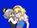  2girls alice_margatroid anger_vein angry animal_ears animated animated_gif ascot bangs black_vest blonde_hair blue_background blue_dress blue_eyes capelet clenched_teeth commentary_request cookie_(touhou) dress fighting geko_(nicoseiga94865705) grey_hair hair_between_eyes hairband ichigo_(cookie) long_sleeves looking_at_another looping_animation mouse_ears multiple_girls nazrin nyon_(cookie) open_mouth puffy_short_sleeves puffy_sleeves red_eyes red_hairband red_neckwear shirt short_hair short_sleeves simple_background teeth tongue tongue_out touhou upper_body vest wall_slam white_shirt 