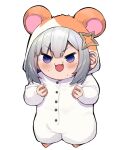  &gt;:) 1girl :3 @_@ amane_kanata animal_ears animal_hood bangs blush chibi commentary fake_animal_ears hair_ornament highres hololive hood looking_at_viewer mikan_(chipstar182) onesie open_mouth short_hair silver_hair simple_background smile solo sweatdrop violet_eyes virtual_youtuber white_background 