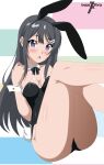  1girl absurdres animal_ears artist_logo artist_name bare_legs black_hair black_leotard black_neckwear bow bowtie bunny_tail detached_collar english_commentary fake_animal_ears feet_out_of_frame hair_ornament hairclip highres indexxryo leotard long_hair looking_at_viewer multicolored multicolored_background playboy_bunny rabbit_ears sakurajima_mai seishun_buta_yarou solo strapless strapless_leotard tail violet_eyes wrist_cuffs 