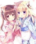  2girls :d :o animal_ear_fluff animal_ears apron azumi_kazuki black_bow blonde_hair blue_kimono blush bow brown_eyes brown_hair cat_ears commentary_request cup dango disposable_cup floral_print food frilled_apron frills hair_bow hair_intakes hands_up highres holding holding_cup holding_food japanese_clothes kimono long_hair long_sleeves looking_at_viewer multiple_girls obi one_side_up open_mouth original parted_lips paw_pose pink_kimono print_kimono sash smile twintails violet_eyes wagashi waist_apron white_apron wide_sleeves 