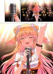  1girl arm_up blonde_hair closed_eyes crying double_bun fang glowstick highres holding holding_microphone hololive long_hair microphone momosuzu_nene orange_nails smile yuu201023 