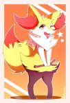  1girl animal_ear_fluff animal_ears animal_nose artist_name black_fur body_fur border braixen commentary english_commentary fang flat_chest fox_ears fox_girl fox_tail full_body furry gen_6_pokemon gradient gradient_background happy highres holding holding_stick jpeg_artifacts kinozel looking_at_viewer one_eye_closed open_mouth orange_background orange_eyes outline outside_border paws pigeon-toed pink_border pokemon pokemon_(creature) signature simple_background smile snout solo standing star_(symbol) stick tail twitter_username v_arms white_fur white_outline yellow_fur 