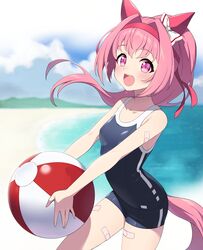  1girl :d absurdres animal_ears ball bandaid bandaid_on_arm bandaid_on_leg beach beachball blue_swimsuit blush bow breasts child_(isoliya) clouds cloudy_sky commentary cowboy_shot eyebrows_visible_through_hair hair_bow hair_intakes hairband haru_urara_(umamusume) highres holding holding_ball horse_ears horse_girl horse_tail looking_at_viewer one-piece_swimsuit open_mouth outdoors pink_eyes pink_hair red_hairband sky small_breasts smile solo sweat swimsuit tail umamusume upper_teeth white_bow 