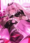  1girl bangs black_dress blush breasts cape dress fuya_(tempupupu) hololive hololive_english large_breasts long_hair looking_at_viewer microphone mori_calliope open_mouth pink_hair red_eyes solo thighs virtual_youtuber 