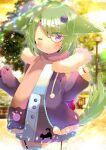  1girl ;) animal_ears black_jacket black_skirt blurry blurry_background blush brown_scarf closed_mouth crown depth_of_field drawstring fur-trimmed_hood fur_trim garter_straps green_hair hair_ornament hands_up hood hood_down hooded_jacket jacket kouu_hiyoyo long_sleeves looking_at_viewer mini_crown nail_polish one_eye_closed open_clothes open_jacket original pinching_sleeves puffy_long_sleeves puffy_sleeves red_nails ribbed_shirt scarf shirt skirt sleeves_past_wrists smile solo tail_raised thigh-highs tilted_headwear violet_eyes white_shirt 