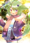  1girl :d animal_ears black_jacket black_skirt blurry blurry_background blush brown_eyes brown_scarf commentary_request crown depth_of_field drawstring fur-trimmed_hood fur_trim garter_straps green_hair hair_ornament hands_up heterochromia hood hood_down hooded_jacket jacket kouu_hiyoyo long_sleeves looking_at_viewer mini_crown nail_polish open_clothes open_jacket open_mouth original pinching_sleeves puffy_long_sleeves puffy_sleeves red_nails ribbed_shirt scarf shirt skirt sleeves_past_wrists smile solo tail_raised thigh-highs tilted_headwear violet_eyes white_shirt 