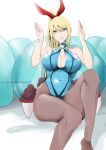  1girl animal_ears blonde_hair blue_bodysuit blue_eyes blush bodysuit breasts highres large_breasts long_hair looking_at_viewer metroid metroid_(creature) mole mole_under_mouth pantyhose playboy_bunny ponytail rabbit_ears samus_aran simple_background skin_tight solo swimsuit vialnite zero_suit 