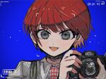  1girl :d bangs blue_background blush camera collared_shirt commentary_request dangan_ronpa_(series) dangan_ronpa_2:_goodbye_despair eyebrows_visible_through_hair face freckles green_eyes hands_up holding holding_camera kara_aren koizumi_mahiru looking_at_viewer necktie open_mouth portrait redhead shirt short_hair sky smile solo symbol_commentary upper_body 