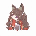  1girl amagi-chan_(azur_lane) animal_ear_fluff animal_ears azur_lane ball bangs bare_shoulders bell black_legwear blunt_bangs brown_hair brown_tail chibi closed_mouth commentary_request eyebrows_visible_through_hair fox_ears fox_tail full_body hair_intakes holding holding_ball japanese_clothes kendama kimono long_hair mokezi multiple_tails off-shoulder_kimono off_shoulder pantyhose red_kimono rope shimenawa sidelocks simple_background smile solo standing tail thick_eyebrows twintails violet_eyes white_background wide_sleeves 