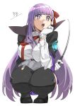  1girl bb_(fate) bb_(fate)_(all) black_legwear cloak fate/extra fate/grand_order fate_(series) gloves hair_ribbon holding holding_whip long_hair lunapont open_mouth purple_hair ribbon shirt simple_background solo squatting thigh-highs very_long_hair violet_eyes whip white_background white_gloves 