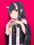  1girl bangs bare_shoulders black_hair blunt_bangs closed_mouth detached_sleeves eyebrows_visible_through_hair fingernails fingers_together hands_up highres horns kuro_kosyou long_hair looking_at_viewer multicolored multicolored_eyes oni oni_horns original pointy_ears red_background short_eyebrows simple_background smile solo standing straight_hair thick_eyebrows wide_sleeves 