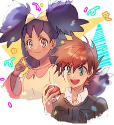  1boy 1girl :d bangs blush_stickers brown_eyes brown_hair closed_mouth collared_shirt commentary dark_skin dark-skinned_female eyelashes gary_oak green_eyes hair_between_eyes hand_up highres holding holding_poke_ball iris_(pokemon) jacket jewelry kash-phia long_hair necklace open_mouth poke_ball poke_ball_(basic) pokemon pokemon_(anime) pokemon_bw_(anime) pokemon_swsh_(anime) purple_hair shirt short_hair sketch smile star_(symbol) tied_hair two_side_up white_shirt 