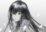  1girl bangs black_hair dm_owr epiphyllum expressionless from_side girls_frontline hair_between_eyes hair_ornament highres jacket long_hair looking_at_viewer nyto_iso_(girls_frontline) paradeus petals see-through solo yellow_eyes 