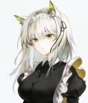  1girl alternate_costume arknights black_dress breasts buttons dress eyebrows_visible_through_hair green_eyes green_hair highres kal&#039;tsit_(arknights) large_breasts long_hair looking_at_viewer lynx_ears maid simple_background solo spacelongcat upper_body white_background 