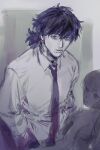  1boy 1girl bags_under_eyes cigarette collared_shirt facial_hair hair_between_eyes hands_in_pockets highres long_hair looking_at_viewer male_focus monochrome mouth_hold necktie original ponytail purple_theme sankomichi shirt sketch solo solo_focus stubble wing_collar 