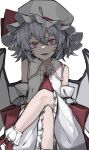  1girl bangs bare_shoulders crossed_legs dress hair_between_eyes hat hisha_(kan_moko) looking_at_viewer open_mouth purple_hair red_eyes red_ribbon remilia_scarlet ribbon shoes short_hair simple_background solo touhou white_background white_dress 