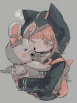  1girl animal_bag animal_ears backpack bag bangs black_jacket blush cat_bag closed_mouth collared_shirt commentary_request cropped_torso dangan_ronpa_(series) dangan_ronpa_2:_goodbye_despair ear_bow fake_animal_ears grey_background highres holding hood hood_up hooded_jacket hug jacket kara_aren long_sleeves nanami_chiaki neck_ribbon pink_bag pink_hair pink_ribbon ribbon shiny shiny_hair shirt simple_background sketch skirt smile tearing_up translated upper_body usami_(dangan_ronpa) white_shirt wings 