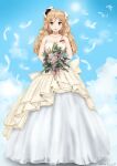  1girl absurdres alternate_costume blonde_hair bouquet braid breasts brown_eyes dress flower full_body hat highres holding holding_bouquet kantai_collection large_breasts long_hair mini_hat side_braid solo sorairo_haruka standing wavy_hair wedding_dress white_dress zara_(kancolle) 