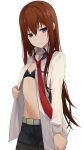  1girl black_bra blue_eyes bra breasts closed_mouth eyebrows_visible_through_hair hair_between_eyes highres hiroki_(yyqw7151) long_hair looking_at_viewer makise_kurisu navel necktie open_clothes pout red_neckwear redhead simple_background small_breasts solo steins;gate underwear white_background 