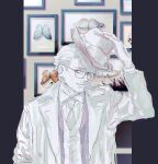  1boy bug butterfly closed_mouth coat collared_shirt eye_focus facial_hair fedora glasses hand_up hat highres holding insect insect_collection long_sleeves looking_at_viewer male_focus necktie original sankomichi shirt short_hair sketch smile solo spot_color stubble upper_body vest yellow_eyes 