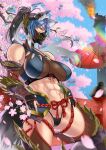  1girl abs anima_(togashi) armor black_hair blue_hair closed_mouth gauntlets gloves hair_ornament highres long_hair looking_at_viewer mask monster_hunter_(series) monster_hunter_rise multicolored_hair muscular muscular_female panties pknytail solo thigh-highs two-tone_hair underwear 