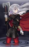  1girl artist_request ass axe cape closed_mouth edelgard_von_hresvelg fire_emblem fire_emblem:_three_houses garreg_mach_monastery_uniform gloves hair_ornament hair_ribbon highres long_hair long_sleeves looking_at_viewer pantyhose red_cape ribbon shorts simple_background solo uniform violet_eyes water weapon white_hair 