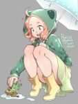  1girl 2021 agawa_ryou animal_hood boots dated frog frog_hood green_eyes grey_background hood long_hair looking_down original redhead simple_background solo squatting thighs umbrella 