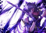  1girl absurdres bare_shoulders breasts choker closed_mouth dress eyebrows_visible_through_hair fhilippedu frilled_gloves frills genshin_impact gloves hair_cones hair_ears hair_over_one_eye highres holding holding_sword holding_weapon keqing_(genshin_impact) lightning long_hair looking_at_viewer purple_choker purple_dress purple_gloves purple_hair solo sword twintails violet_eyes weapon white_background 