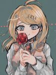  1girl ahoge akamatsu_kaede bangs blonde_hair blush breasts candy_apple commentary_request dangan_ronpa_(series) dangan_ronpa_v3:_killing_harmony eyebrows_visible_through_hair food green_background grey_eyes grey_shirt hair_ornament highres holding kara_aren large_breasts long_hair long_sleeves looking_at_viewer musical_note musical_note_hair_ornament necktie orange_neckwear shirt smile solo sweater_vest swept_bangs upper_body white_shirt 