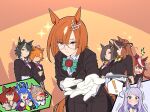  6+girls air_groove_(umamusume) animal_ears blood blue_eyes blue_hair blush bow bowtie brown_eyes brown_hair character_request commentary_request crossdressinging crown female_butler flower fuji_kiseki_(umamusume) glasses heterochromia high_ponytail highres horse_ears horse_girl horse_tail ikuno_dictus_(umamusume) long_hair mejiro_mcqueen_(umamusume) mini_crown multicolored_hair multiple_girls nice_nature_(umamusume) nosebleed orange_hair red_flower red_rose rose round_eyewear sharp_teeth streaked_hair symboli_rudolf_(umamusume) t_m_opera_o_(umamusume) tail tailcoat teeth tokai_teio_(umamusume) tuxedo twin_turbo_(umamusume) twintails two-tone_hair umamusume wakayama_kazuto white_hair 