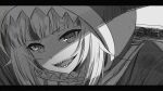  1girl animal_hood bangs blunt_bangs face gawr_gura greyscale highres hololive hololive_english hood letterboxed monochrome open_mouth polearm portrait shaded_face shark_hood sharp_teeth smile solo teeth virtual_youtuber weapon weizen 
