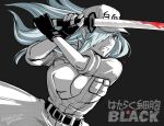  1girl angry artist_name attack belt_buckle black_background black_gloves blood bloody_weapon breast_pocket breasts buckle center_opening clenched_teeth coat collared_coat copyright_name ears fingerless_gloves flat_cap gloves grey_eyes hair_over_one_eye hat hataraku_saibou hataraku_saibou_black holding holding_sword holding_weapon huge_breasts katana long_hair long_sleeves pocket serious sidelocks signature silver_hair simple_background sleeves_rolled_up solo sword teeth u-1196 ur_(wulfa) weapon white_blood_cell_(hataraku_saibou) white_coat 