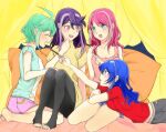  4girls ahoge blue_eyes blue_hair bracelet_girls food green_eyes green_hair hiiragi_yuzu kurosaki_ruri long_hair multicolored_hair orange_eyes pink_eyes pink_hair pocky pocky_day purple_hair riku39871210 rin_(yuu-gi-ou_arc-v) serena_(yuu-gi-ou_arc-v) yuu-gi-ou yuu-gi-ou_arc-v 