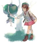  1girl backpack bag bangs blush bob_cut boots brown_bag brown_footwear brown_hair buttons calyrex cardigan closed_eyes closed_mouth collared_dress commentary dress eyelashes gen_8_pokemon gloria_(pokemon) green_headwear green_legwear grey_cardigan hat holding_hand hooded_cardigan kash-phia knees legendary_pokemon pink_dress pokemon pokemon_(creature) pokemon_(game) pokemon_swsh short_hair sketch smile socks standing tam_o&#039;_shanter 