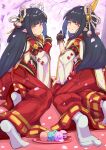  2girls black_hair hinoa japanese_clothes kimono long_hair looking_back minoto monster_hunter monster_hunter_(series) monster_hunter_rise pointy_ears siblings twins yamanata yuuka_(pixiv2548168) 