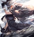 1girl arknights arm_up bare_shoulders black_cape black_dress black_gloves black_headwear cape chinese_commentary commentary_request cowboy_shot dress gladiia_(arknights) gloves hat highres holding holding_weapon looking_at_viewer mkt_(pixiv15187870) red_eyes sideways_glance silver_hair smile thighs water weapon white_background 