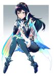  1girl alternate_costume ameno_(a_meno0) blue_eyes blue_hair bug butterfly butterfly_wings elbow_gloves fingerless_gloves fire_emblem fire_emblem_awakening fire_emblem_heroes gloves hair_between_eyes highres insect looking_at_viewer lucina_(fire_emblem) simple_background sitting smile solo symbol-shaped_pupils tiara wings 