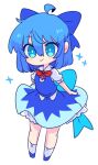  1girl bangs blue_bow blue_dress blue_eyes blue_footwear blue_hair bow cirno cowboy_shot dress eyebrows_visible_through_hair frilled_dress frills full_body hair_between_eyes highres looking_at_viewer op_na_yarou puffy_sleeves red_neckwear ribbon short_hair short_sleeves simple_background smile socks solo sparkle standing touhou white_background 