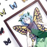  1girl absurdres animal aqua_hair bug butterfly butterfly_wings chokie closed_eyes closed_mouth dress eternity_larva eyebrows_visible_through_hair fairy green_dress hair_between_eyes highres multicolored_clothes multicolored_dress picture_frame short_hair short_sleeves single_strap solo touhou wings 