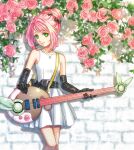  1girl akira_ituki bangs black_bow black_gloves bow dress elbow_gloves fishnets flower gloves green_eyes guitar hair_bow hair_bun head_tilt holding holding_instrument instrument macross macross_7 mylene_jenius pink_flower pink_hair pink_rose pointy_ears rose smile solo white_dress 