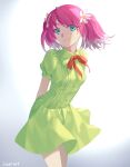  1girl arms_behind_back artist_name blue_eyes dress flower green_dress hair_flower hair_ornament highres hiiragi_nana losercat munou_na_nana red_neckwear short_hair short_sleeves short_twintails simple_background smile solo standing twintails white_background 