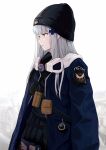  1girl absurdres agent_416_(girls_frontline) amamizu_shizuku bangs beanie facial_mark gas_mask girls_frontline green_eyes hair_ornament hat highres hk416_(girls_frontline) hood hood_down hooded_jacket jacket long_hair mask_around_neck official_alternate_costume profile silver_hair solo upper_body 